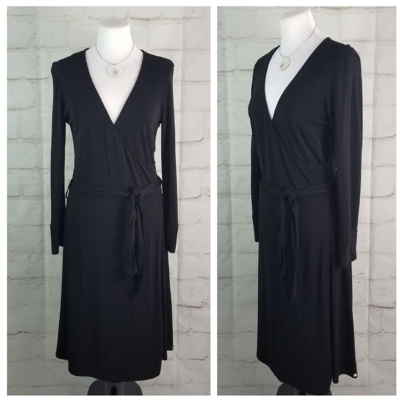 Esprit M Black Long Sleeve Drop Waist Crossover Bust Midi Dress Belted - Picture 3 of 9